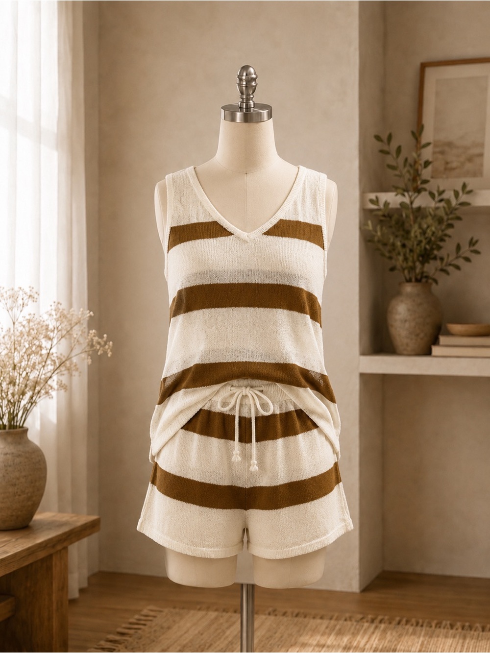 Kirundo Sleeveless Knit Shorts - Cream with Brown Stripes, Size Medium